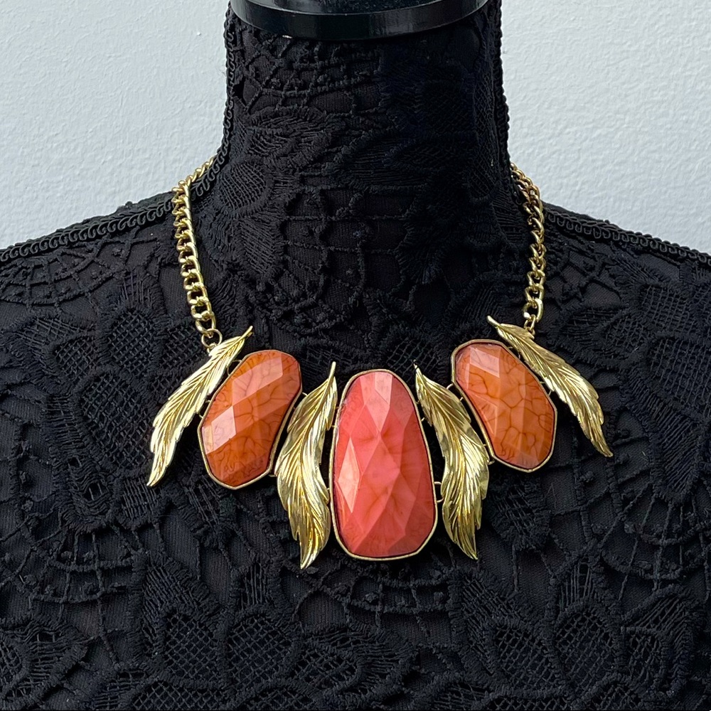 Laila Rowe orange with gold leaves statement necklace